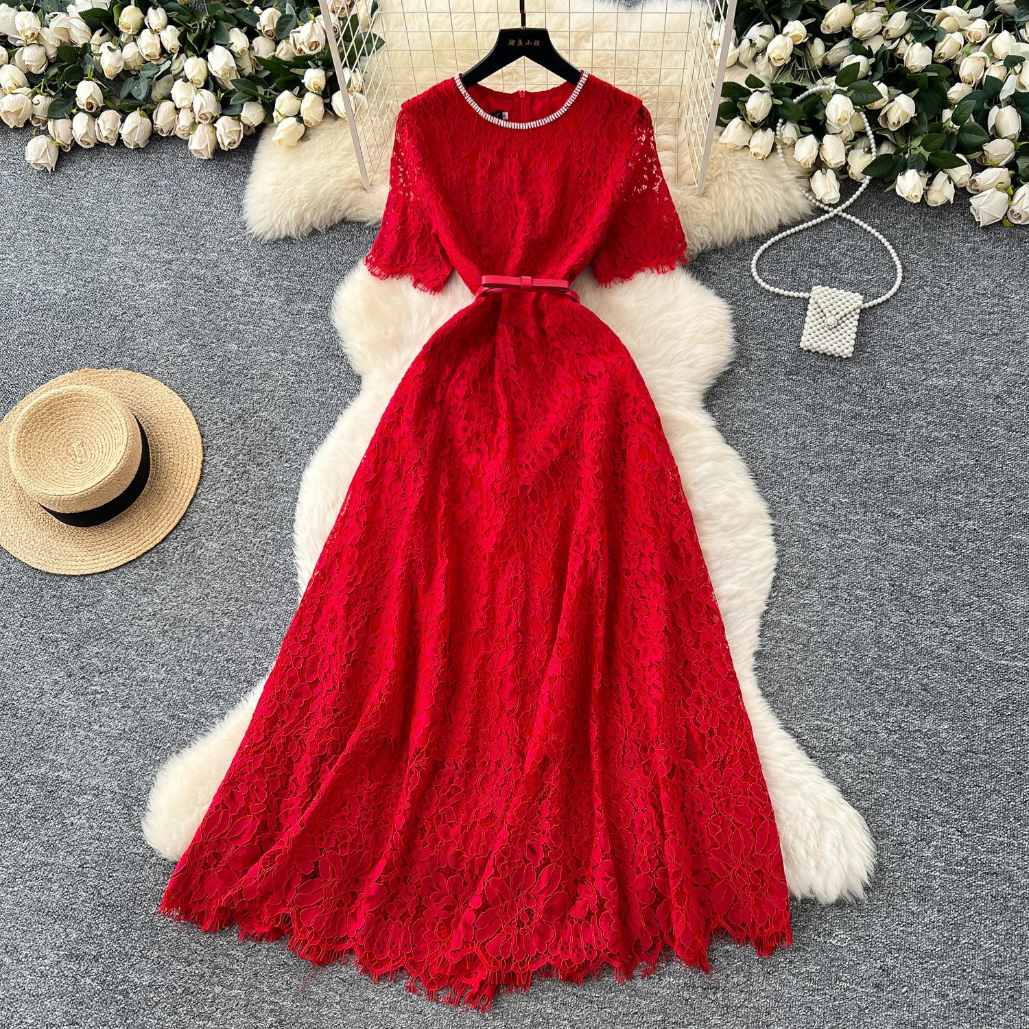

2025 Autumn Embroidery Formal Evening Lace Long Dress New Women Summer Short Sleeve Crochet Hollow Out Midi Dress Sweet Princess