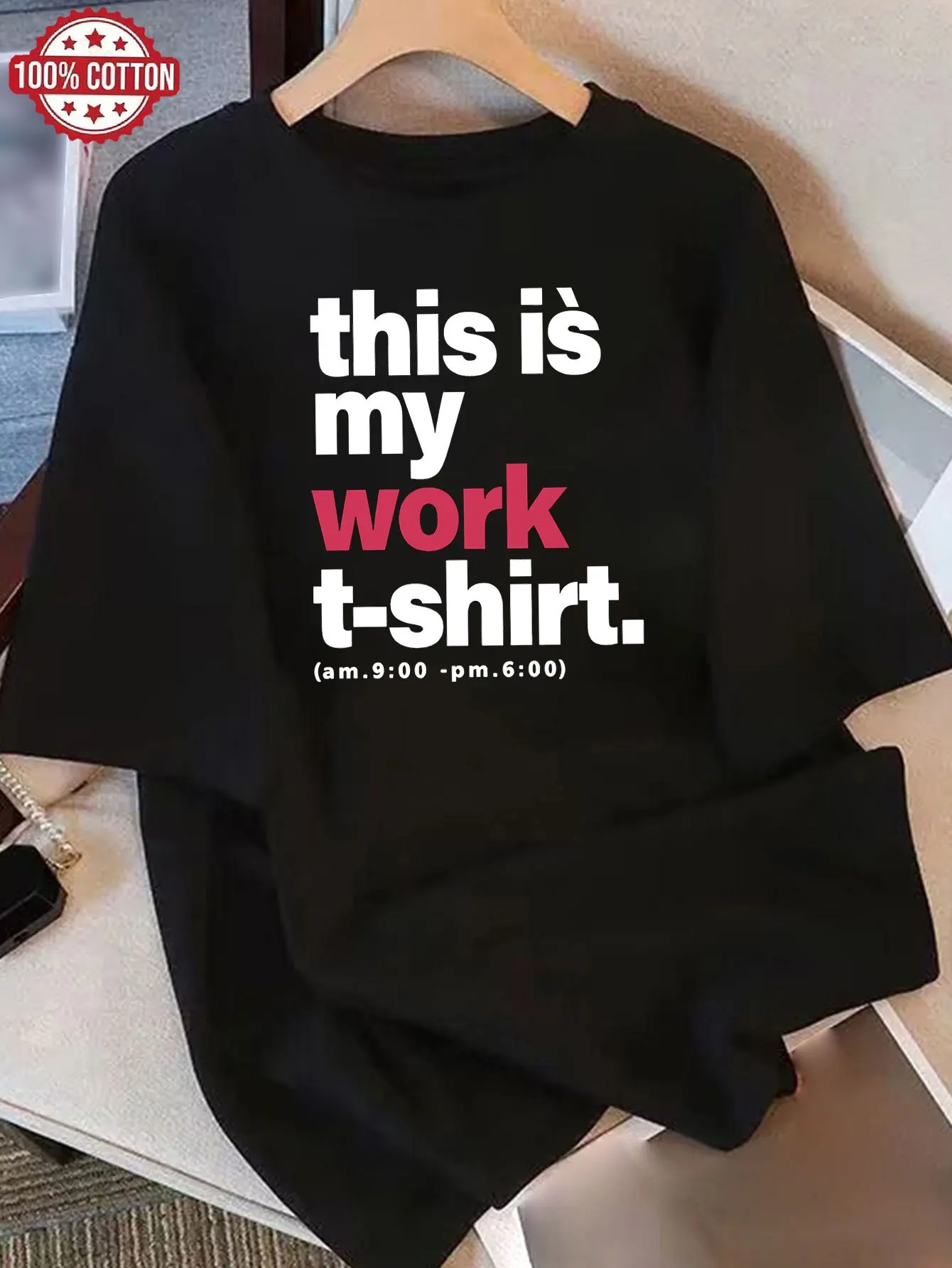 Humorous and Witty Work T-shirt Women's T-shirt Round Neck Short Sleeved Casual Top Daily Wear Fashionable Pattern T-shirt