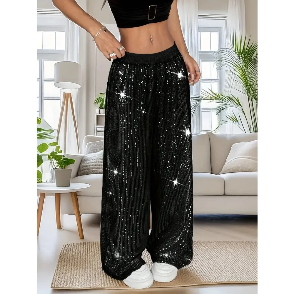 حجم كبير 1XL-5XL النساء أزياء الترتر مستقيم الساق السراويل السيدات عارضة أنيقة عالية الخصر فضفاض السراويل الطويلة #3