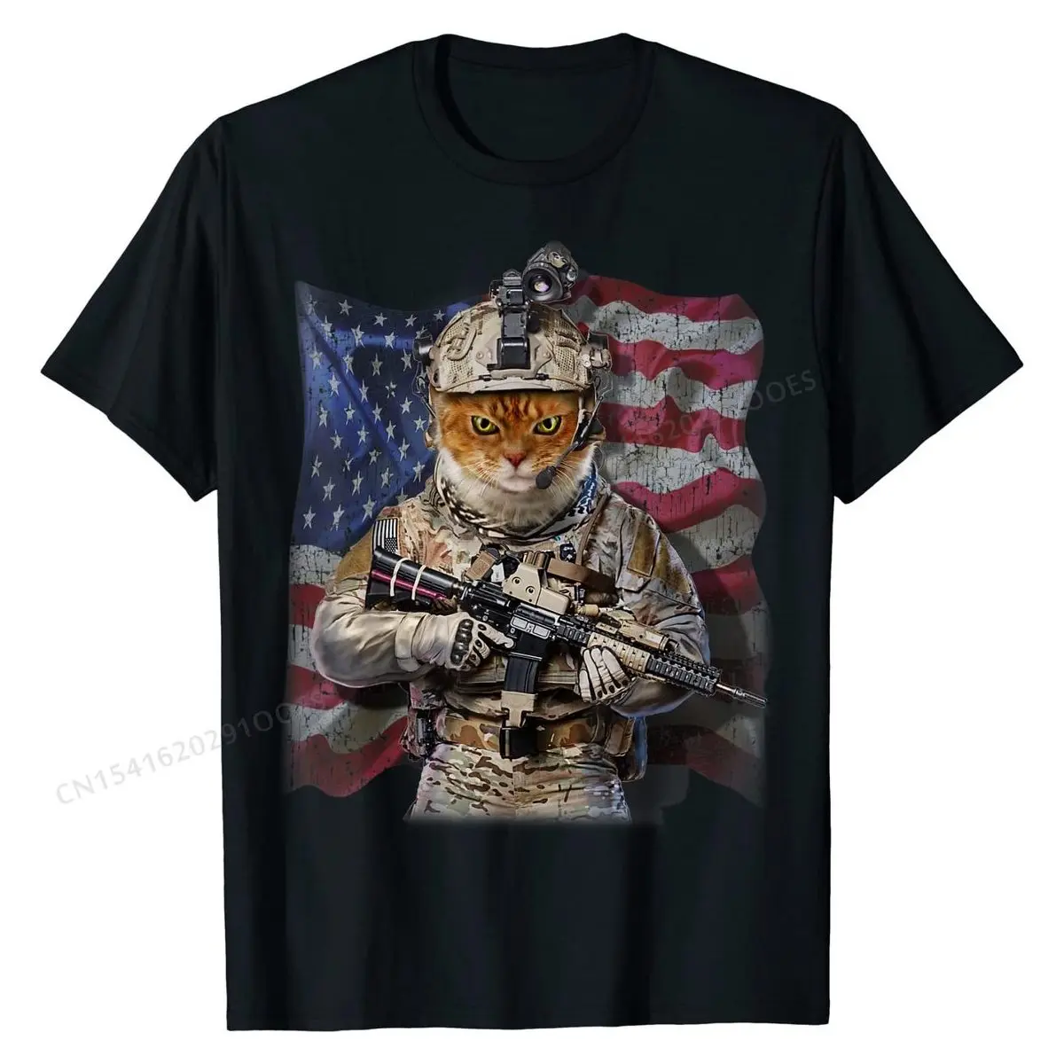 USA America  Tabby Cat as Army T-Shirt Cotton Normal Tops Shirts Latest Mens Top T-shirts Custom