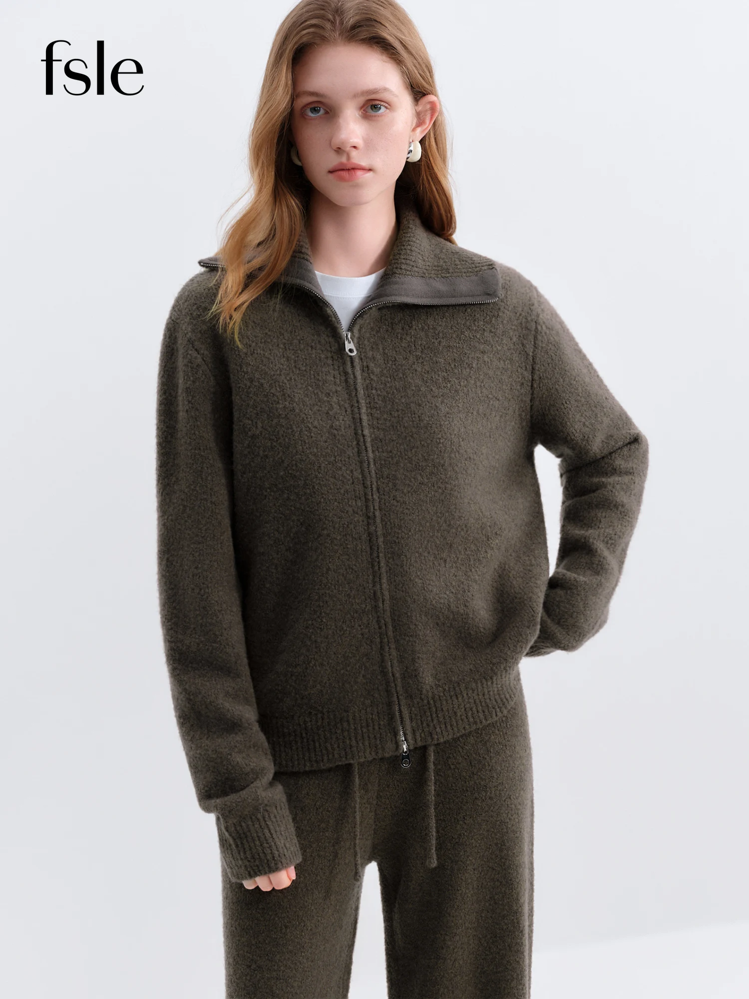 FSLE Winter 2025 Conjunto feminino de malha com fio de laço texturizado – cardigã e calças de mistura de lã para conforto aconchegante no inverno