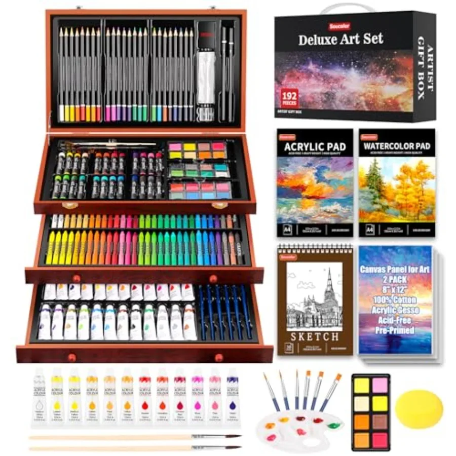 Art Supplies 192-Pack Deluxe Art Set Drawing Painting Supplies Kit with Acrylic Pad Watercolor Pad Sketch Book Canvases Acrylic