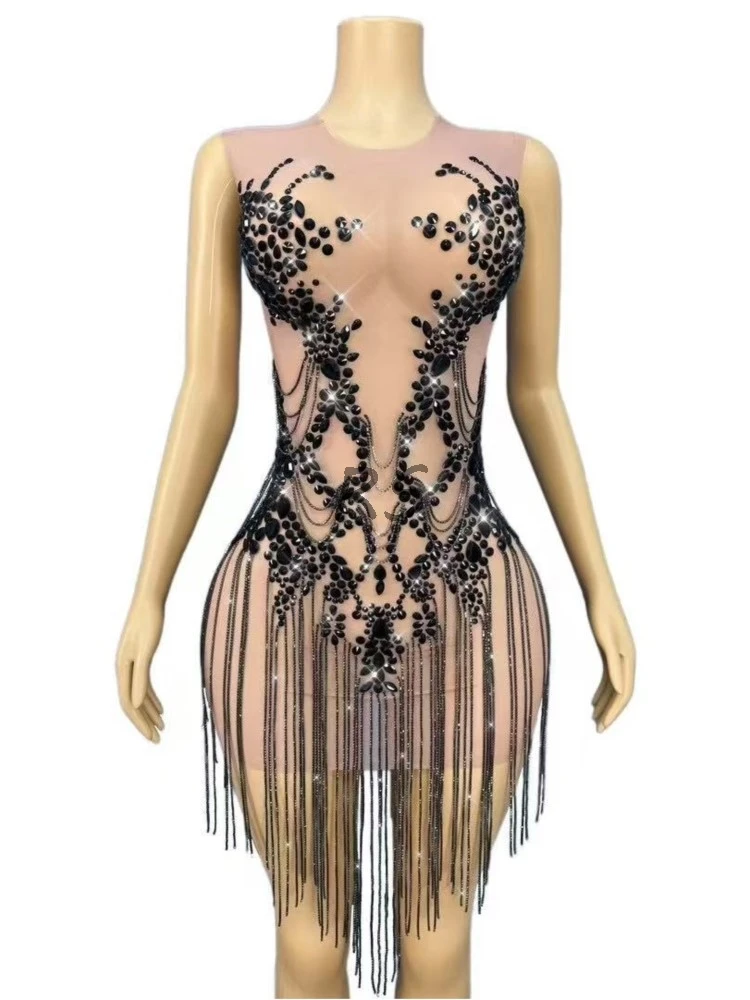 

Luxury Handmade Evening Party Dress for Women Nude Mesh Trim with Sequined & Pearl Crystals Sexy Stage Perform Costume Outfit