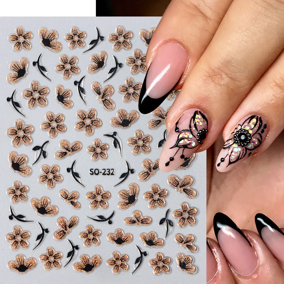 2pc 3D Black Gold Glitter Flower Nail Decal Shiny Petals Leaves Nail Art Sticker Watercolor Daisy Floral Adhesive Manicure Decor