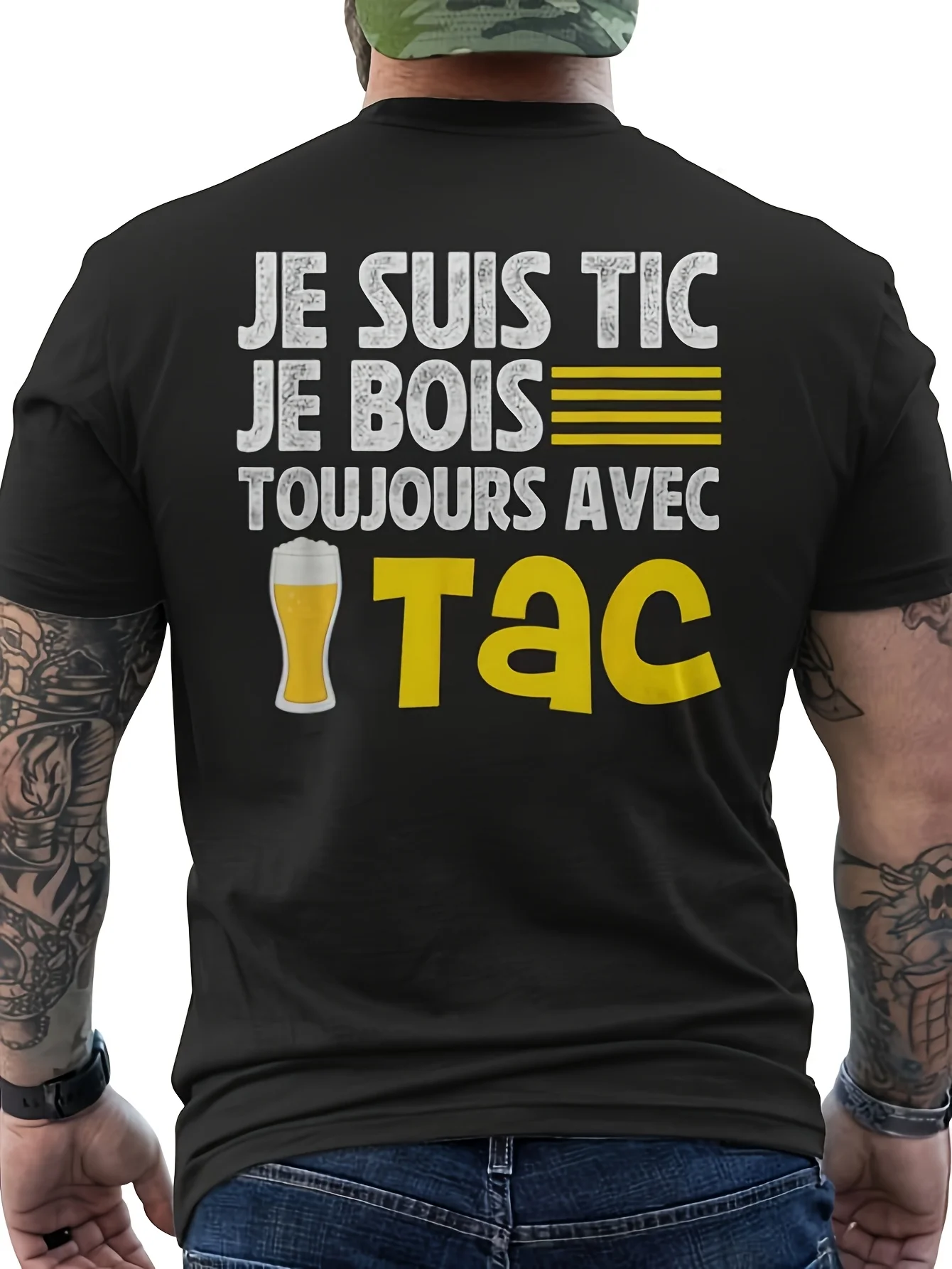 Men's Fun French-Style Beer Humor T-Shirt Back Print Jeuis Tic Je Bois Toujours Matching Tac Humorous Design Short Sleeve