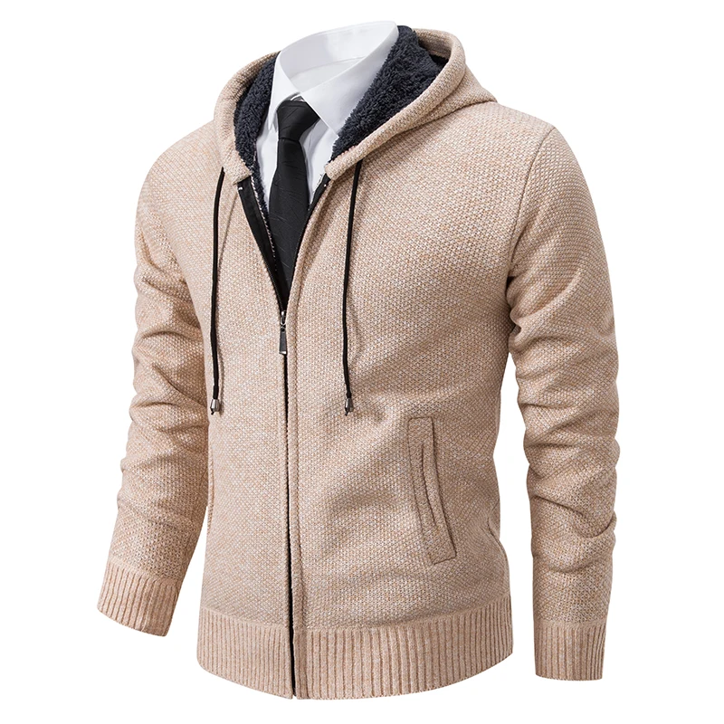 

Men's Casual Winter New Plush Hooded Sweater Warm Zipper Joker Collar Knitted Coat