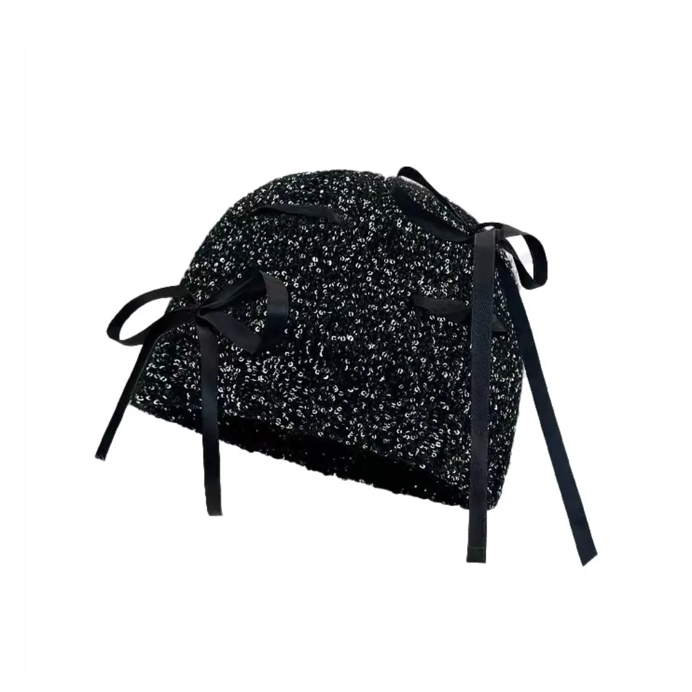 Retro Vintage Sequin Knitted Hat Hollow Bowknot Beanie Hat Thin Woven Cap Streetwear