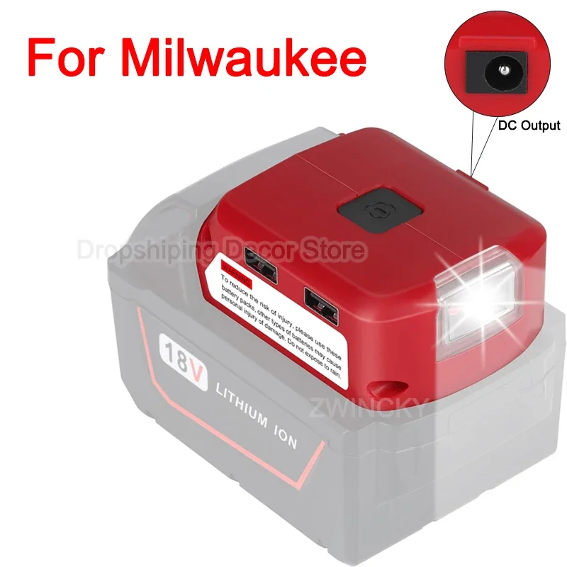 For Milwaukee 18V Li-ion Battery Battery Adapter With Dual USB Port DC Port LED Light Can Charging For Phone