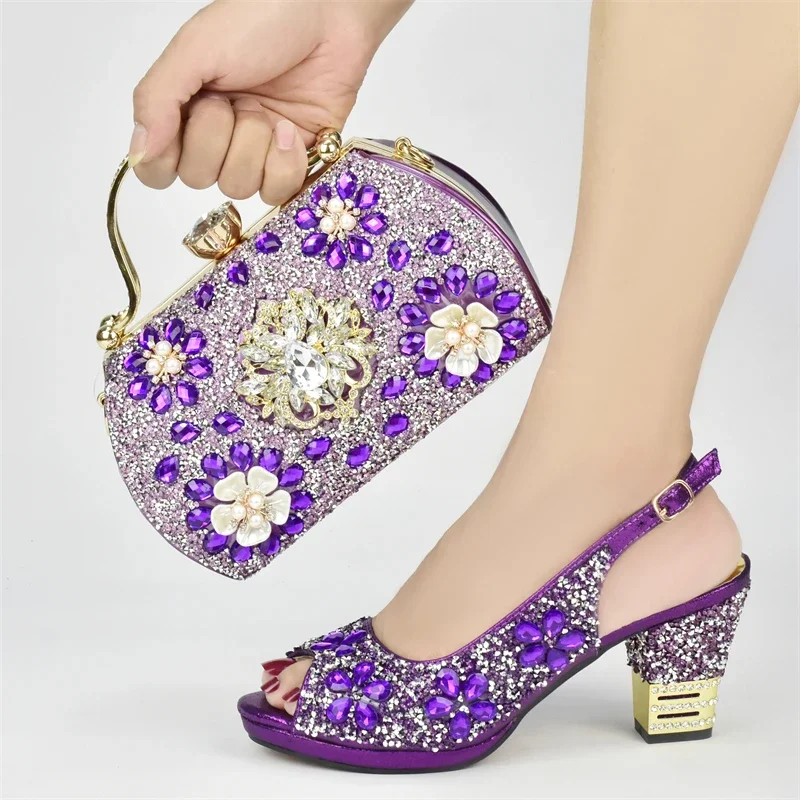 Fashion Italian Shoes with Bag Set Decorated with Rhinestone Women Wedding Shoes Set Nigerian Party Pumps High Heels Sexy Ladies