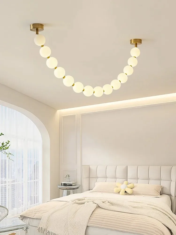 French Living Room Lamp Modern and Minimalist Dining Room Long Pearl Necklace Lamp Buddha Bead Duplex