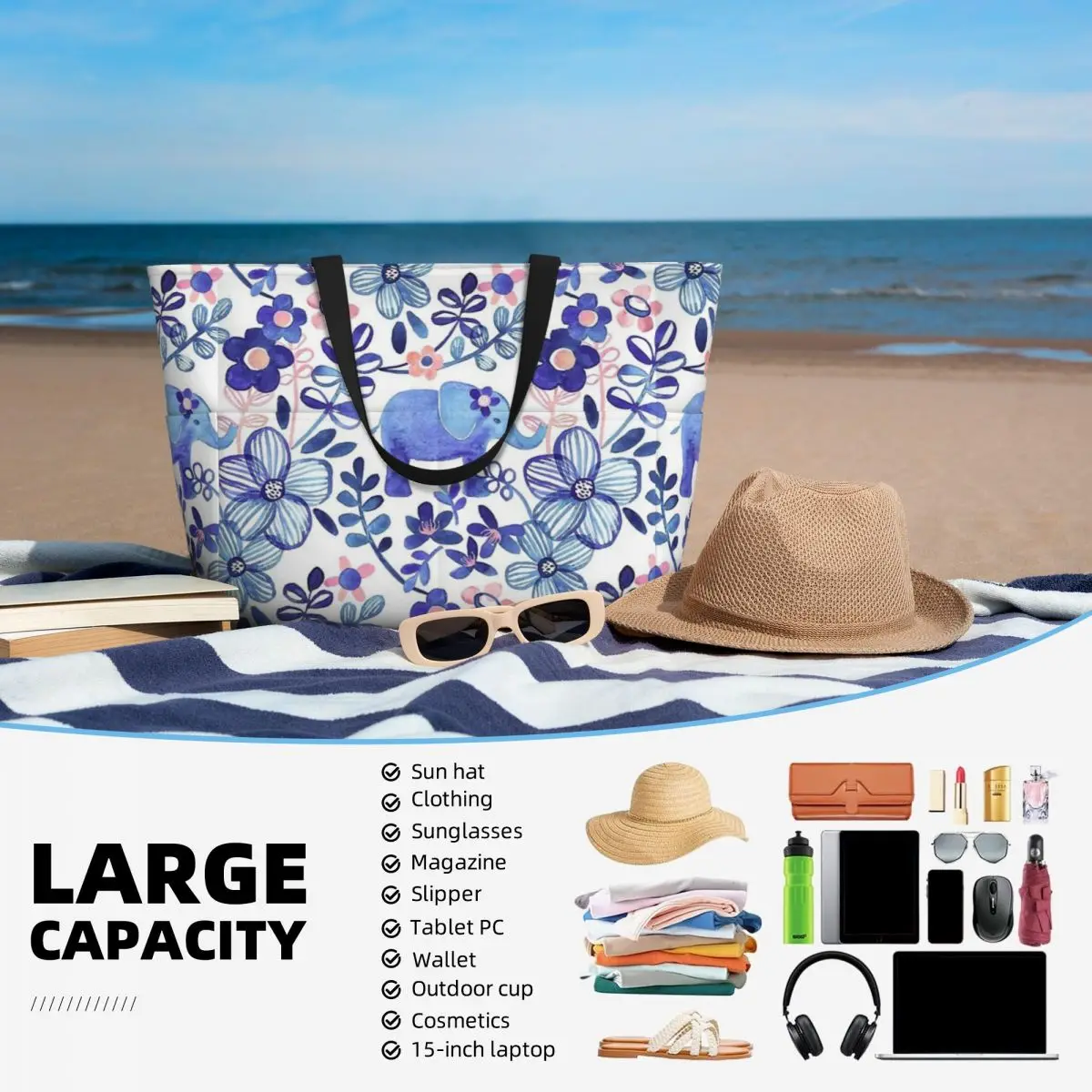 Saco de viagem de praia tipo elefante, cor branca e roxa, tote elegante e prático, presente de aniversário para diário