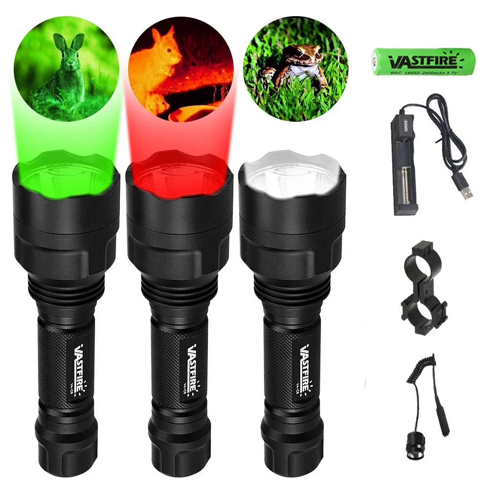 Tactical C8 Hunting Flashlight Green Red 1-Mode Predator Handheld Torch for Coyote Hog Varmint+Clip+Tail Switch+18650+Charger