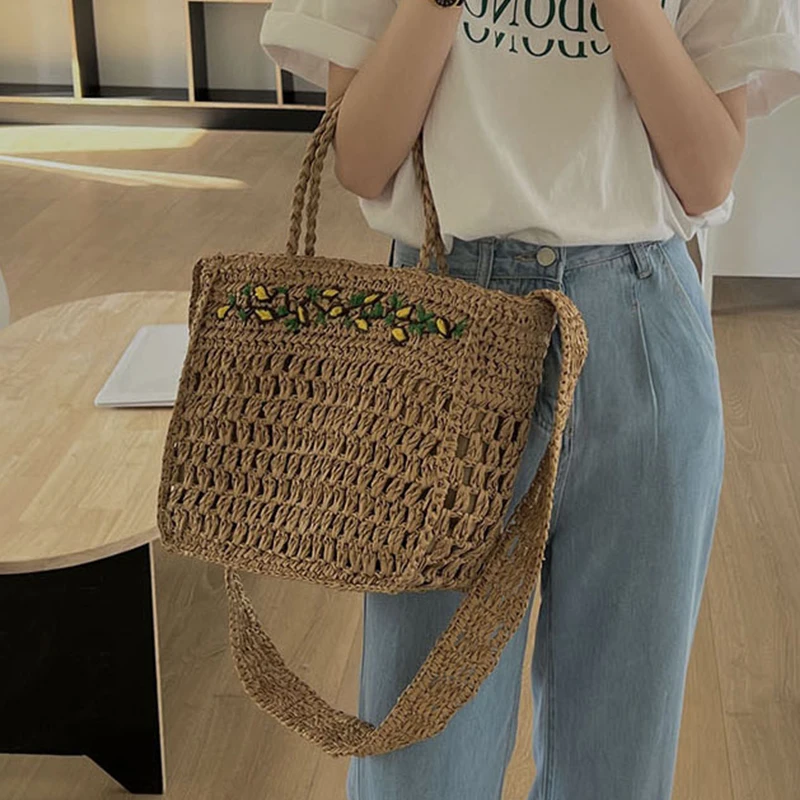 Casual Lemon Straw Handbas Women Paper Rope Handmade Weaving Big Tote Bag Summer Beach Vacation Messenger Bags Bali Purses 2023