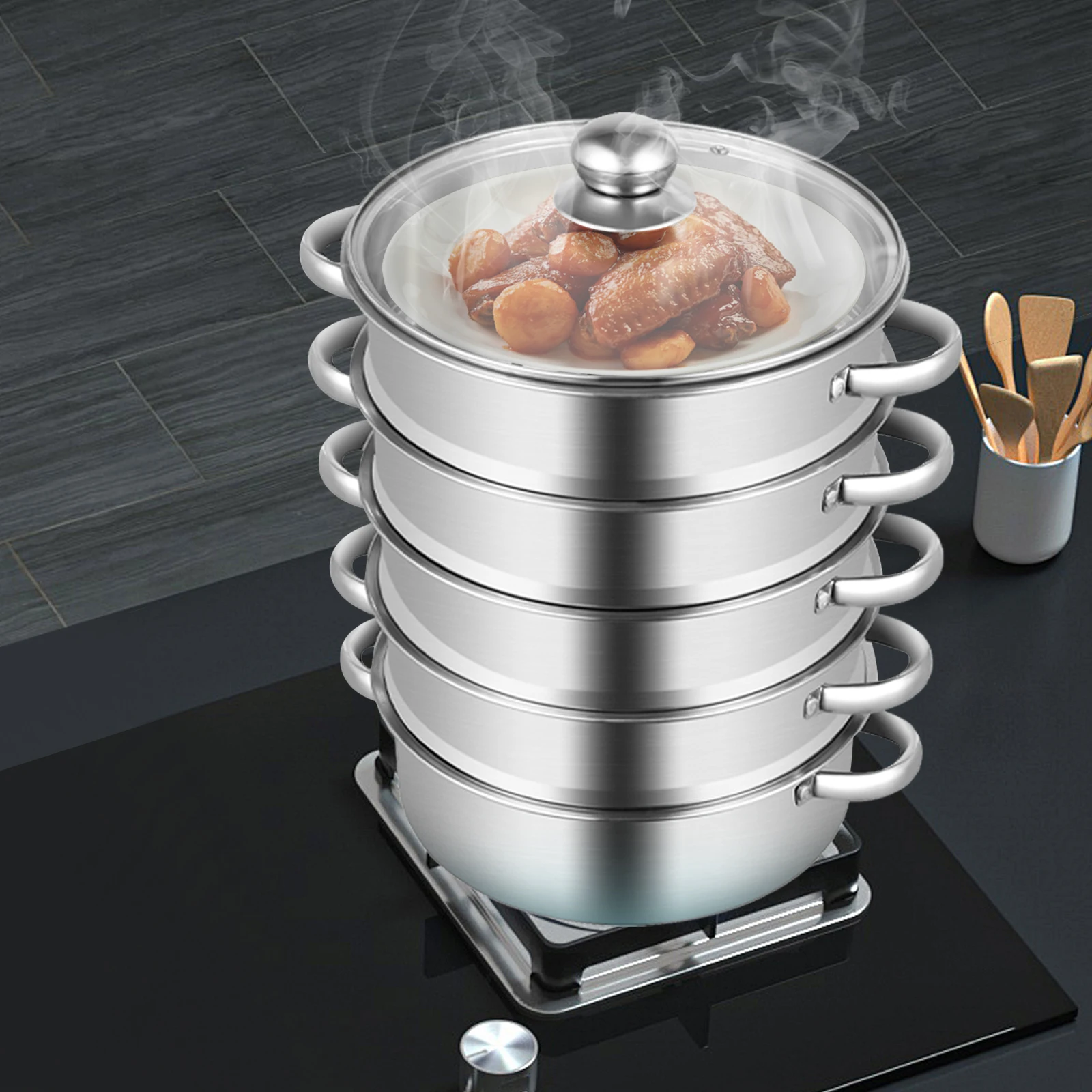 

5-Layer Stainless Steel Steaming Rack Multifunctional Steam Cooker with Glass Cover Kitchen Appliance Domestic Steamer Pot