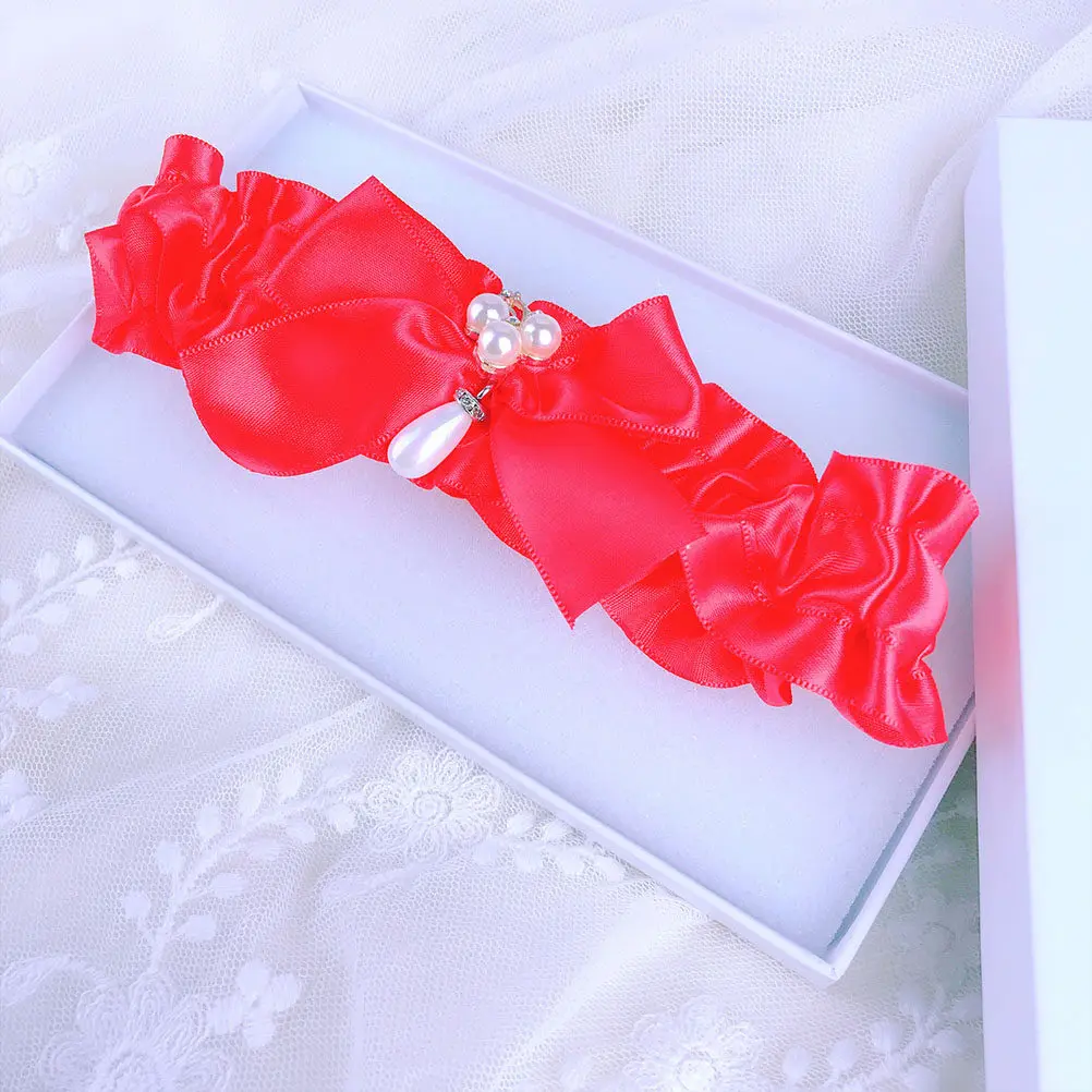 Pearl Bridal Garter Lace Thigh Band Adjustable Bow Wedding Leg Accessory for Bride Romantic Red
