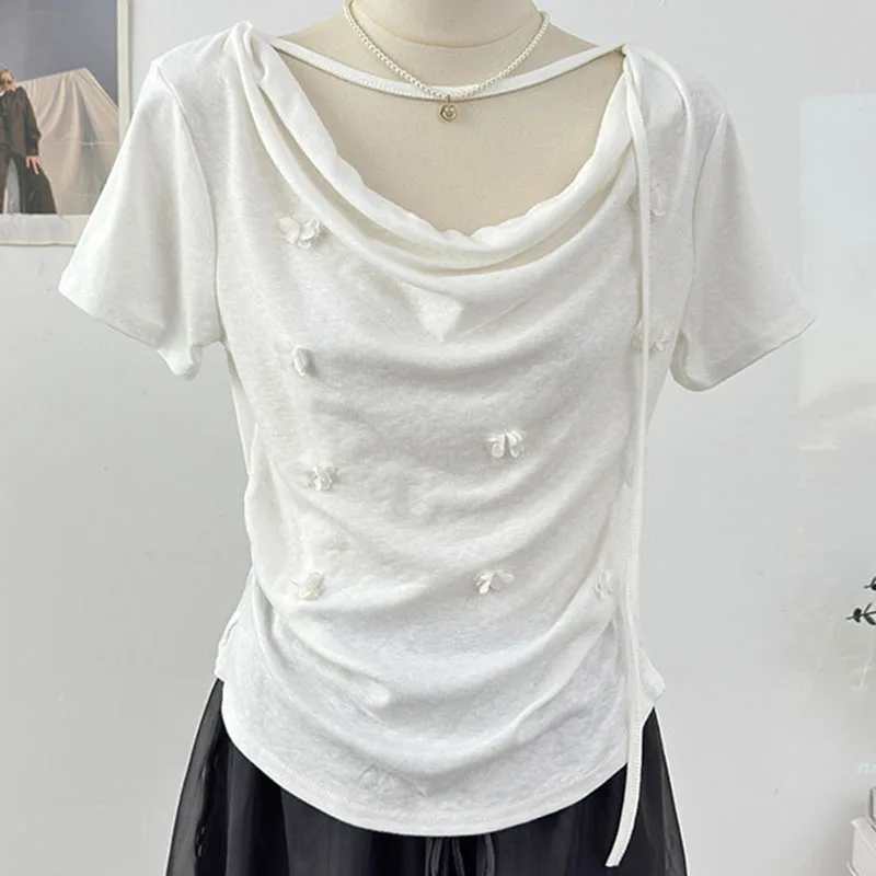 Women Short Sleeve T-shirt Three-dimensional Flower Decoration Swing Collar Design Waist Pleated Slim Daily Casual Versatile Top