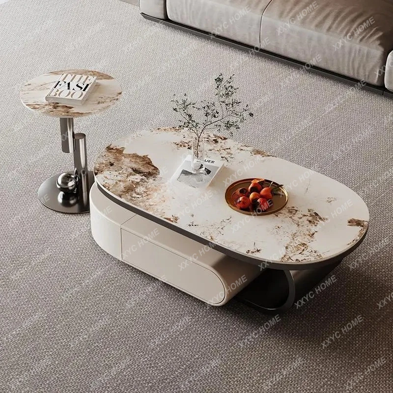 

Итальянский светлый роскошный журнальный столик овальной каменной плиты, современная простая гостиная, бытовая маленькая квартира