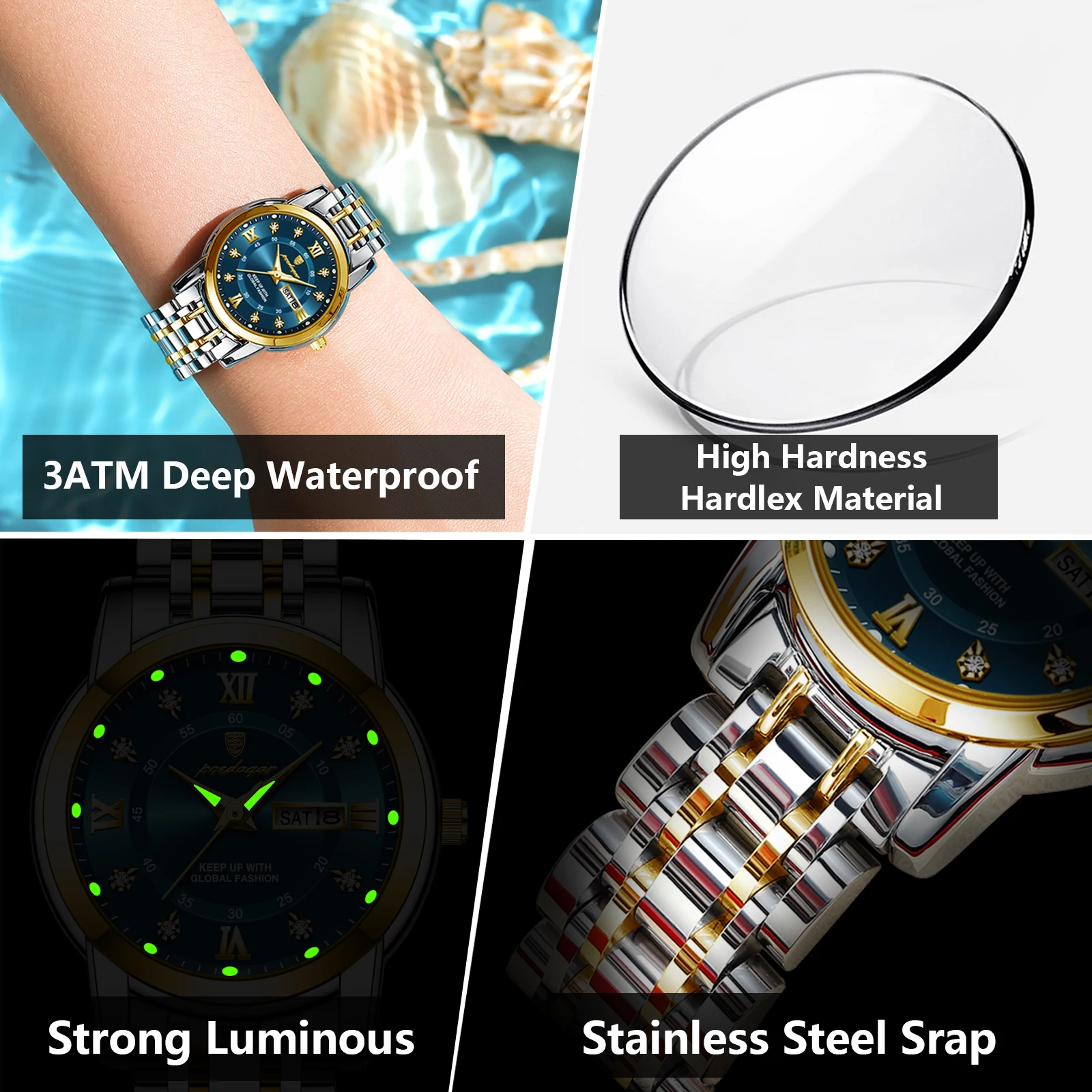 POEDAGAR Women Wristwatch Luxury Quartz Ladies Watch Waterproof Stainless Steel Luminous Date Week Women\'s Watches Dress Clock