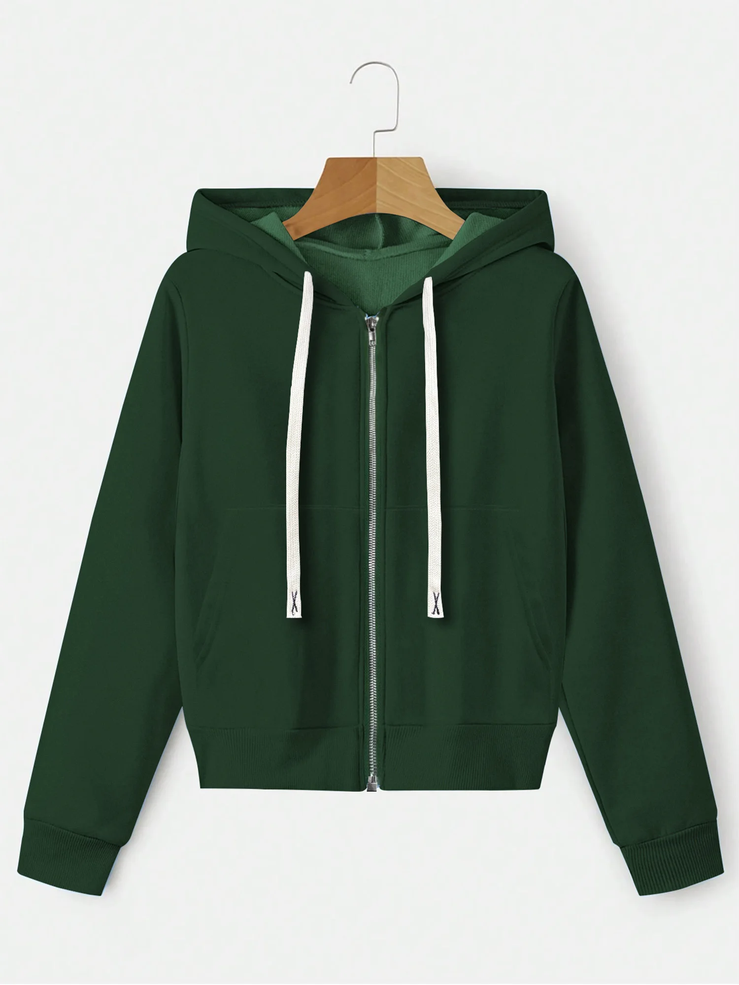 Damen Einfarbiges Old-School-Streetwear Crop-Hoodie mit Reißverschluss und Kordelzug, Langarm Basic-Oberbekleidung – Detail 8