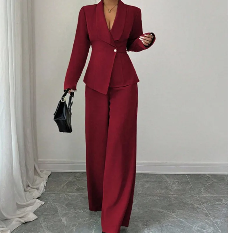 2026 New Autumn And Winter Women's Long Pants Set Solid Color Waist Cinching Elegant Unique Commuting Fashionable Long Pants Set