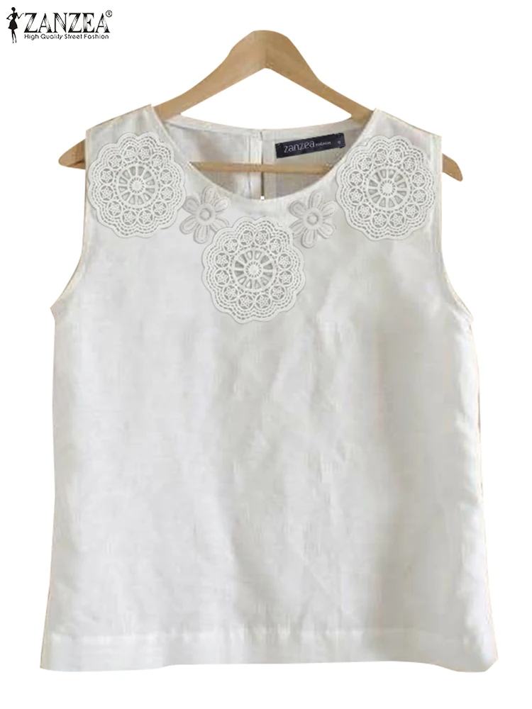 ZANZEA Summer Fashion Tanks Tops Solid Casual Holiday Beach Shirt Female Sleeveless Lace Crochet Blouse Women Cotton Camis Blusa