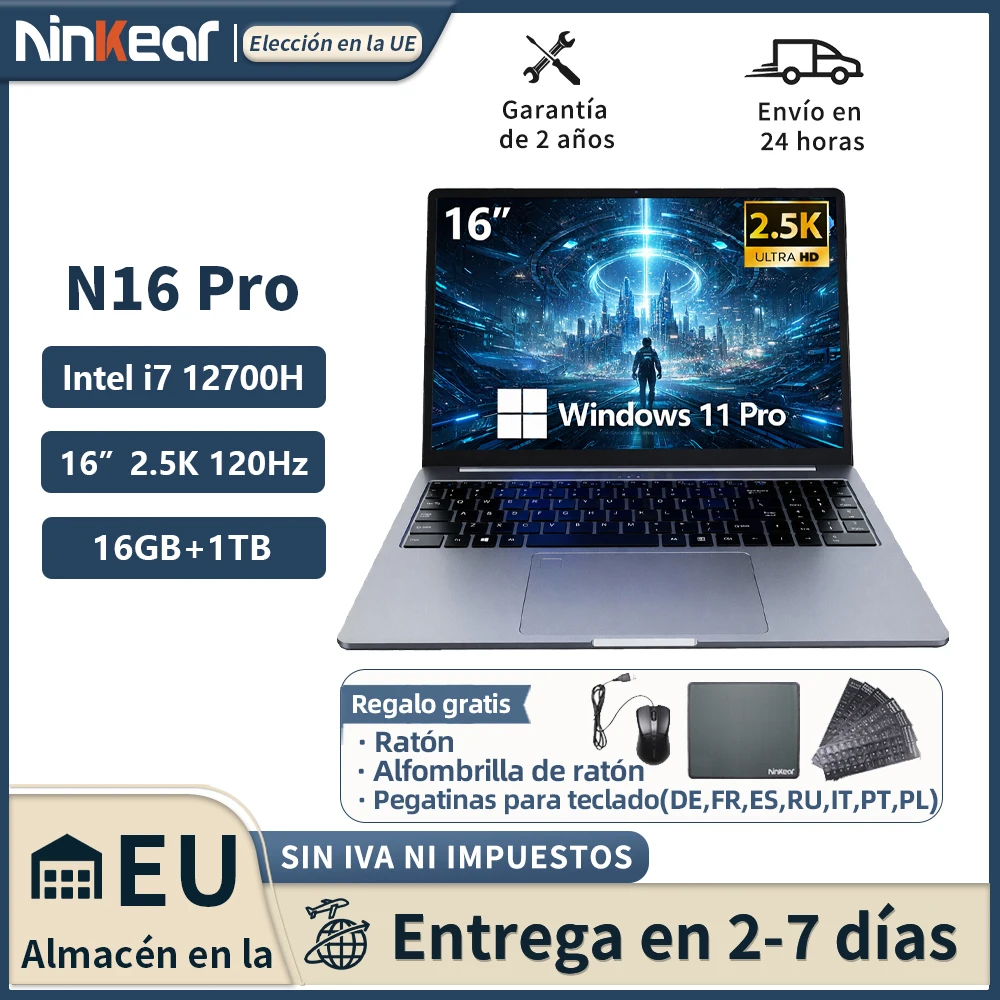 Computadora Portátil Ninkear N16 Pro de 16 pulgadas, 2.5K, 120 Hz, Intel Core i7-12700H, WiFi 6, 16 GB de RAM, 1 TB de SSD, Windows 11, ordenador de oficina
