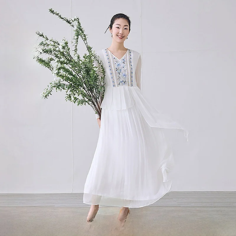 

Новое женское шелковое платье Ele с вышивкой, в китайском стиле, с асимметричным подолом, миди, летнее, с V-образным вырезом