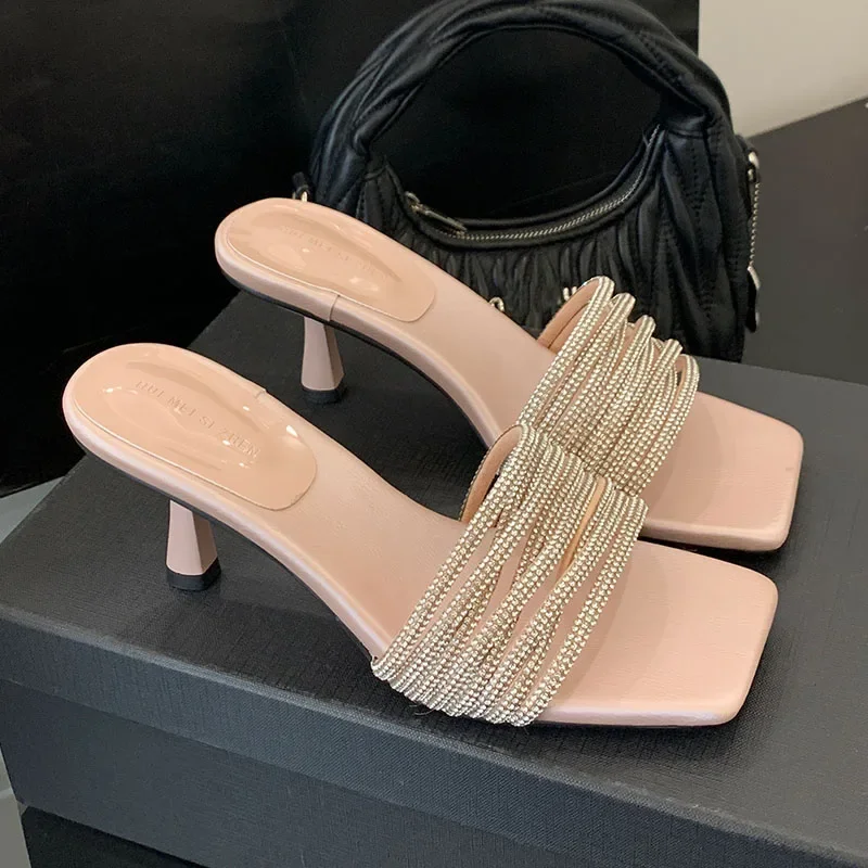 

Rhinestones Thin Heels Slippers Women Square Toe Slide Female Summer New High Heels Luxury Brand Sandals Ladies Zapatos De Mujer