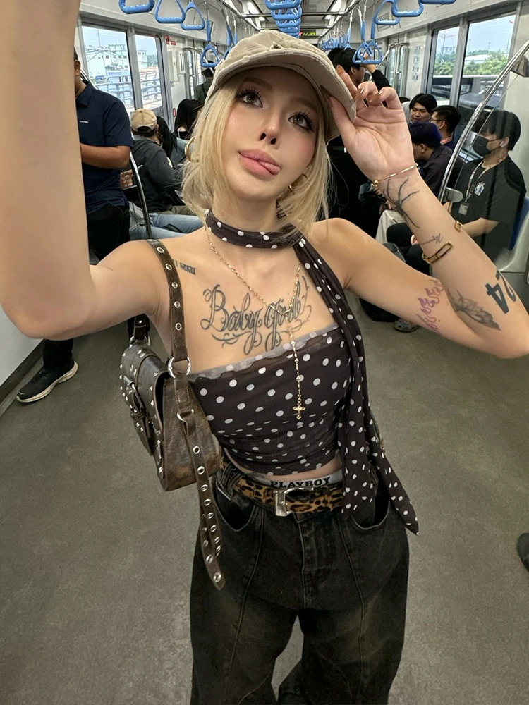 WEIRD PUSS 레트로 홍콩 스타일 폴카 도트 슬림 핏 여성용 튜브 탑 폴리에스터 스판덱스