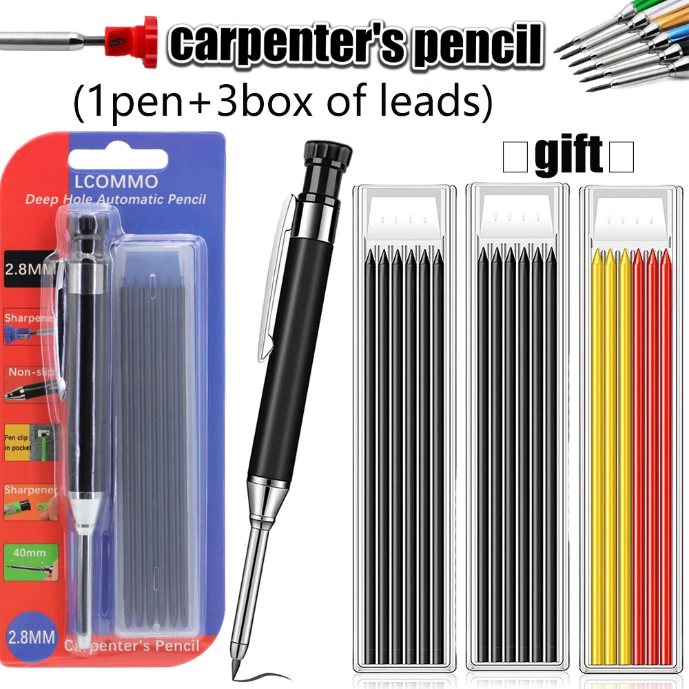 Juego de Lápices de Carpintero Sólidos con Sacapuntas Integrado, Herramienta de Marcado para Trabajos en Madera, Lápiz de Dibujo Automático