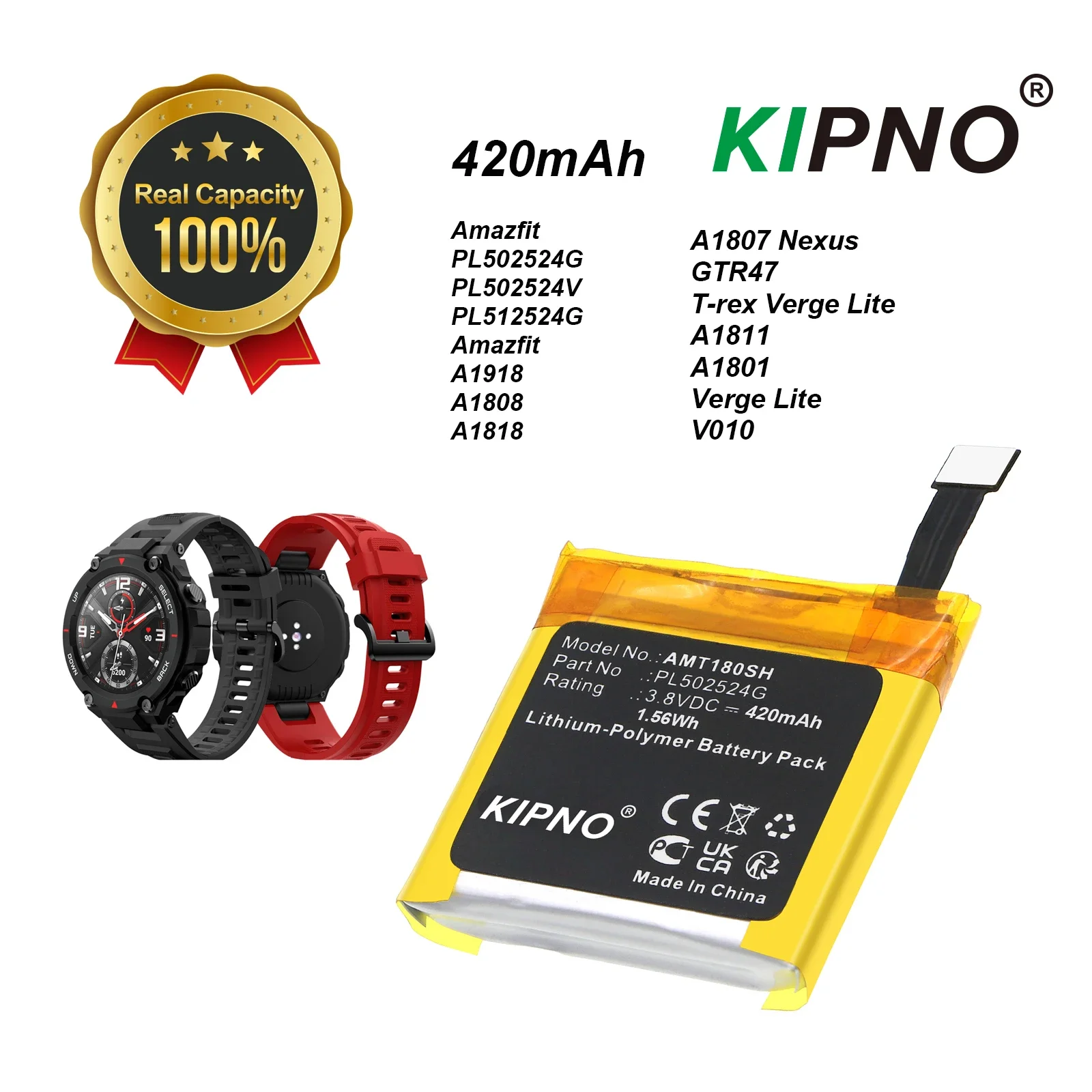 

420mAh Battery For Amazfit PL502524G PL502524V PL512524G A1918 A1808 A1818 A1807 Nexus GTR47 T-rex Verge Lite A1811 A1801