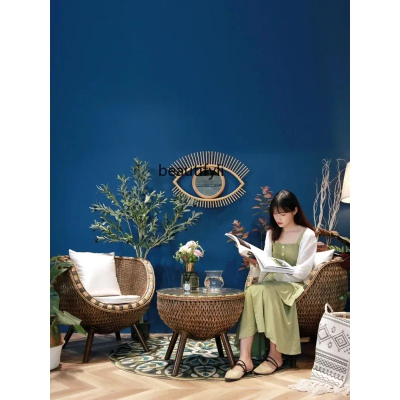 High-End Natural Rattan Chair Three-Piece Set Balcony Leisure Area Layout Small Tea Table Combination Outdoor Courtyard Backrest