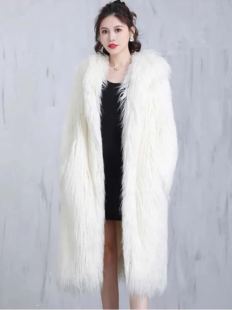 Nuevo Abrigo largo de lujo con capucha para mujer, abrigo holgado peludo de piel sintética de manga larga, abrigo grueso y esponjoso para invierno, gabardina informal