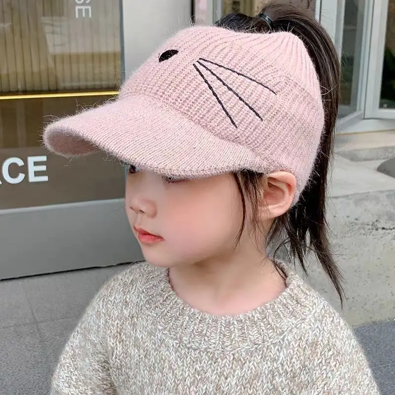 Kids Girls Woolen Hats Baby Girls Cute Autumn Winter Clothing Knitted Cat Printed Caps Princess Cute Cover Ear Bow Caps