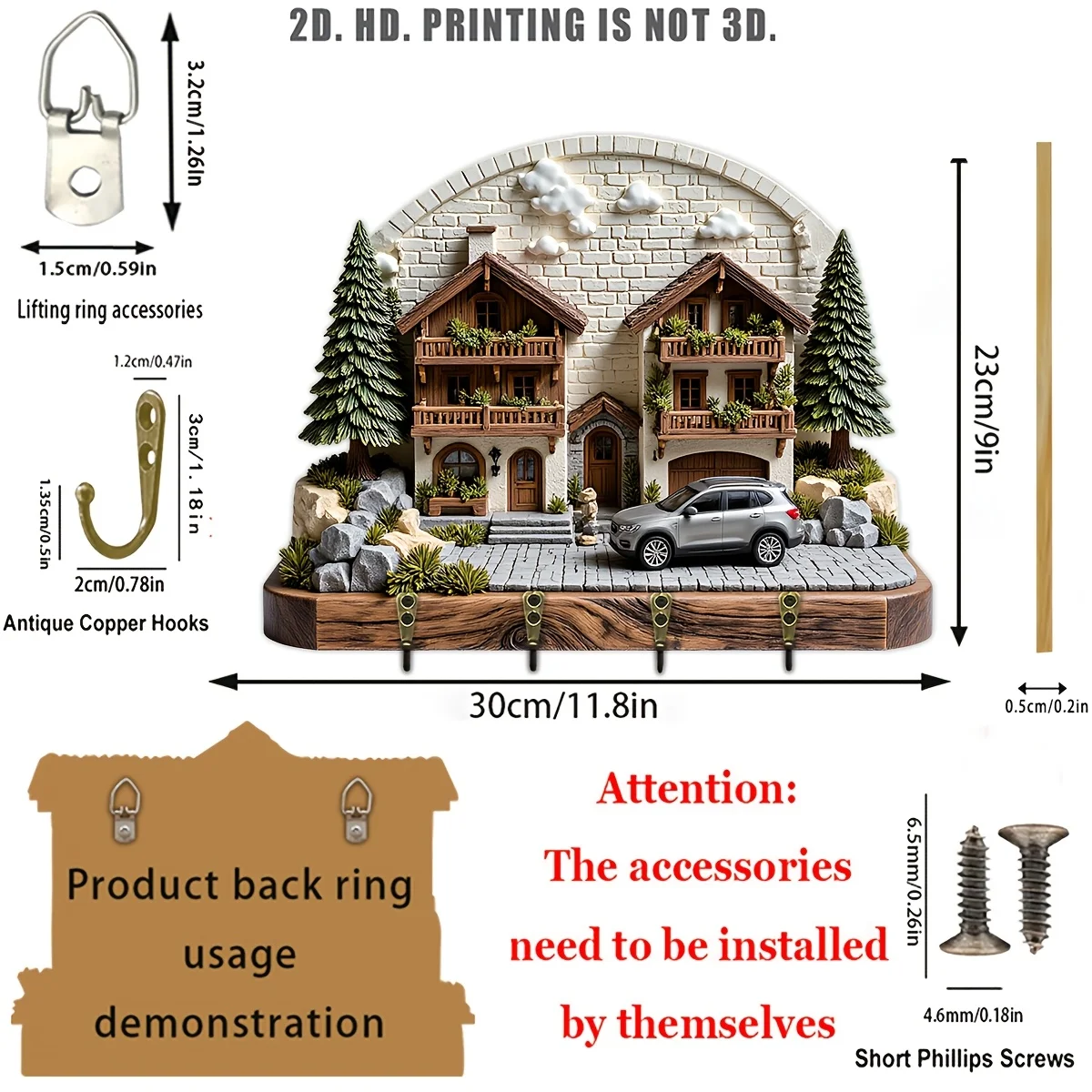 2D Flat, 1pc, Owl-Shaped Key Hook with Hat, Wooden Multifunctional Home Key Holder with Four Metal Hooks, Wall Decoration, view 3