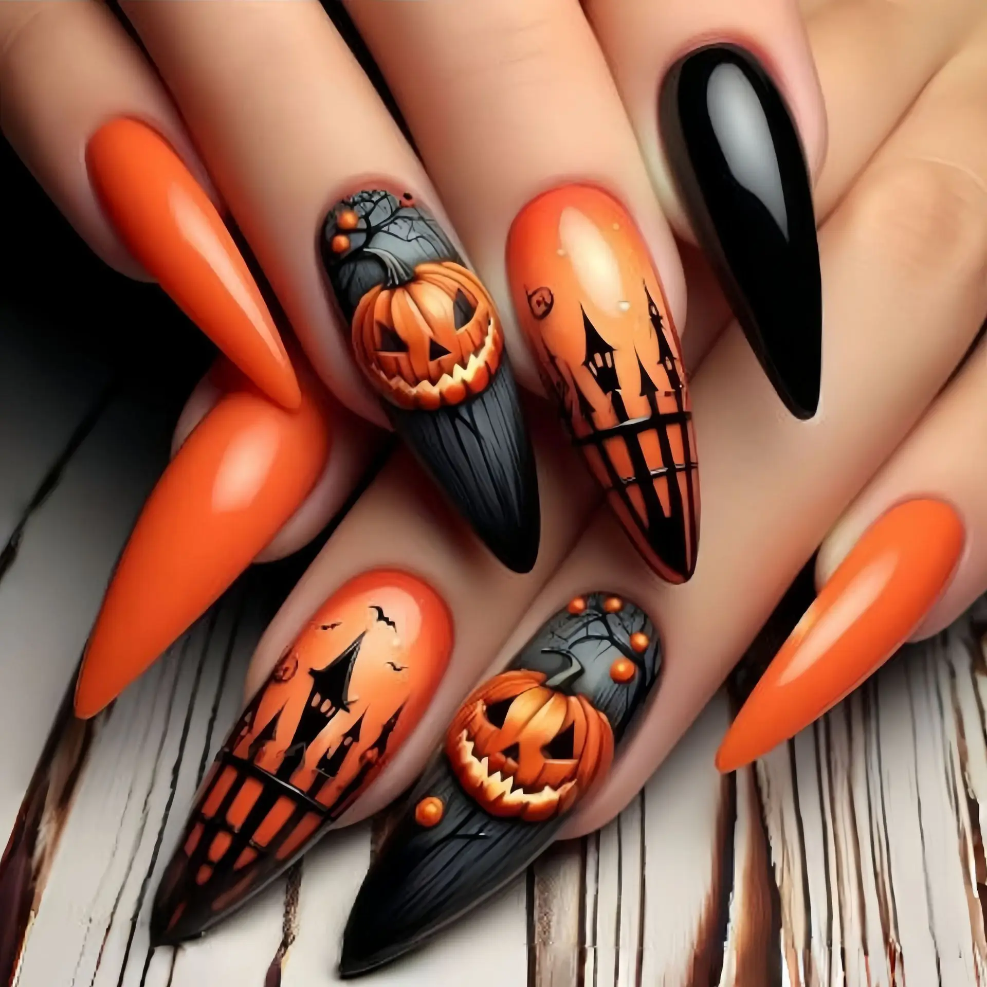 

24PCS Halloween Fashion Round Head Almond Armor Long Pumpkin Castle Pattern Fake Nail Patch Detachable Press on Nails