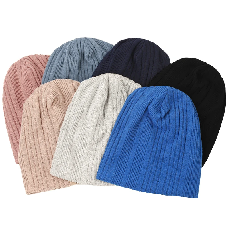 Geebro Women Solid Color Knitted Striped Beanies Hat Autumn Winter Warm Skullie Beanie Casual Loose Bonnet Hip Hop Caps