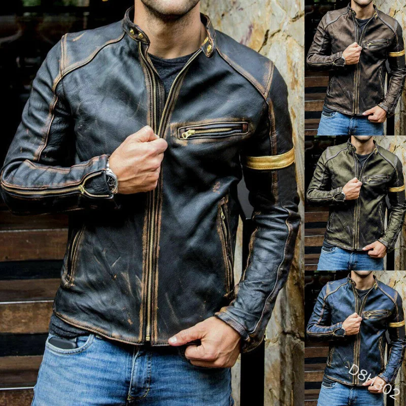 New European and American Men\'s Leather Jacket Men\'s Youth Stand Collar Punk Men\'s Motorcycle Leather Jacket