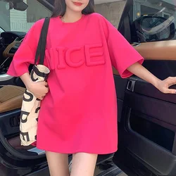 2023 Summer Fashion Round Neck Three-dimensional Letter Loose Casual Versatile Oversized Mid Length Short Sleeved Large T-shirt