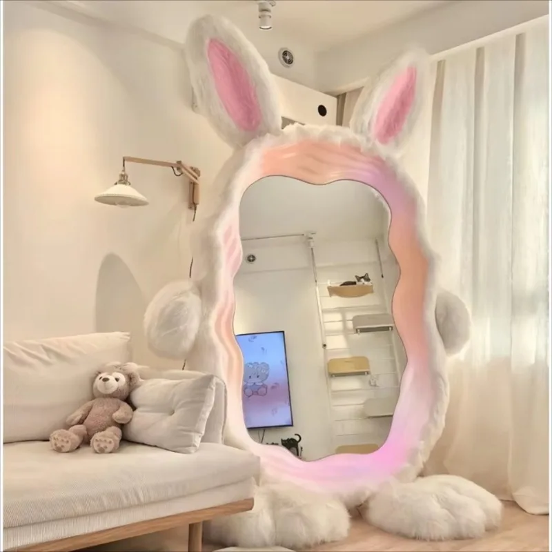 New living room and bedroom decorations, fully aesthetically pleasing irregular standing mirror, rabbit plush mirror