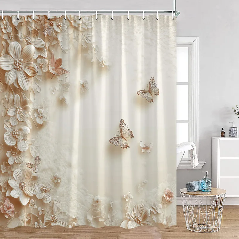 Luxury Gold White Floral Shower Curtain Rose Butterfly Cherry Blossom Modern Art Flower Polyester Fabric Bathroom Curtains Decor