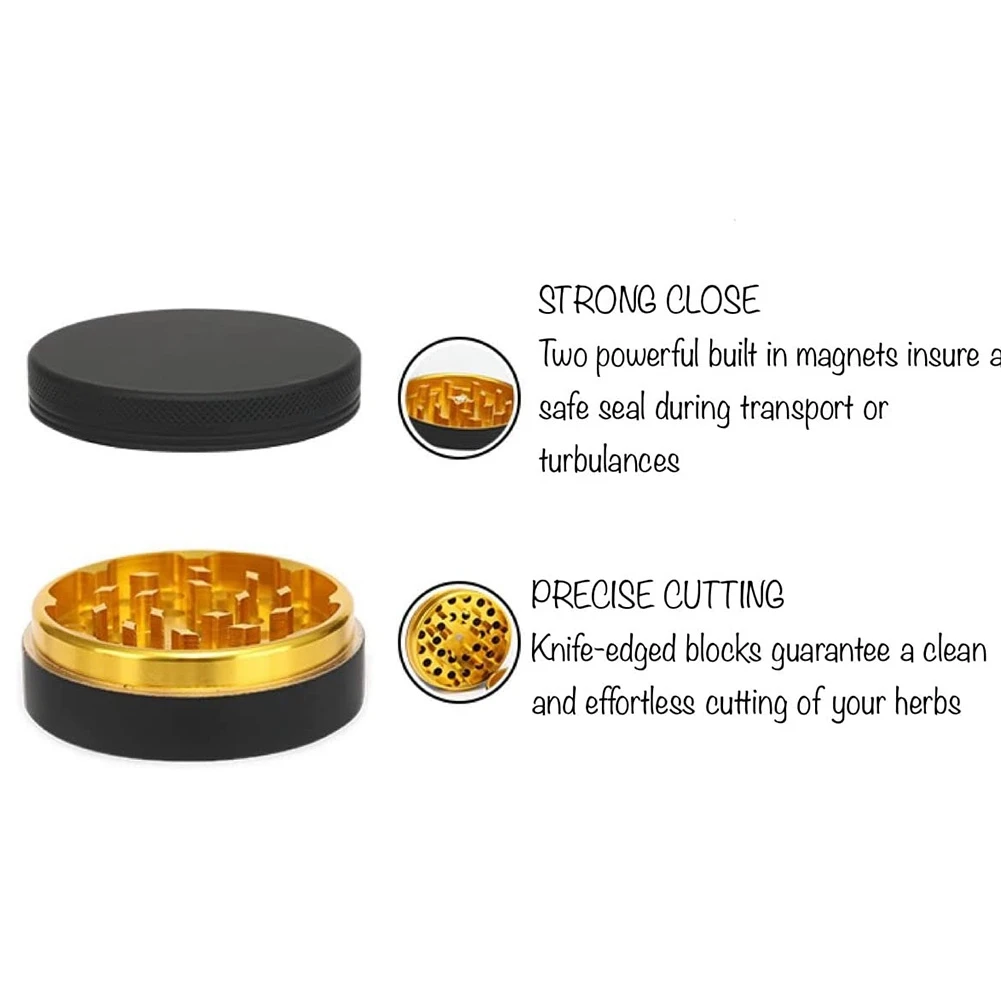 Aluminum Herb Grinder Black Rubber Paint Gold Color Inside - Large Capacity 2.48 Inch 4 Pieces