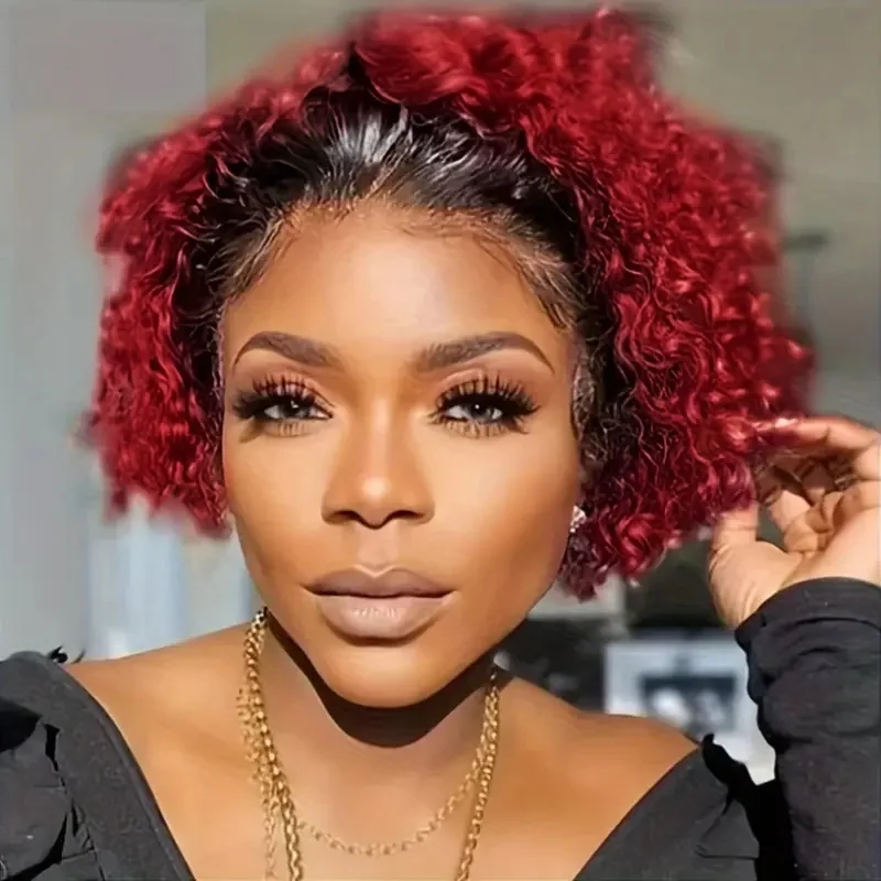 

13x1 T Part wig Lace Front Human Hair Wig Brazilian Water Wave Short Curly Pixie180 Density Women'S Wig
