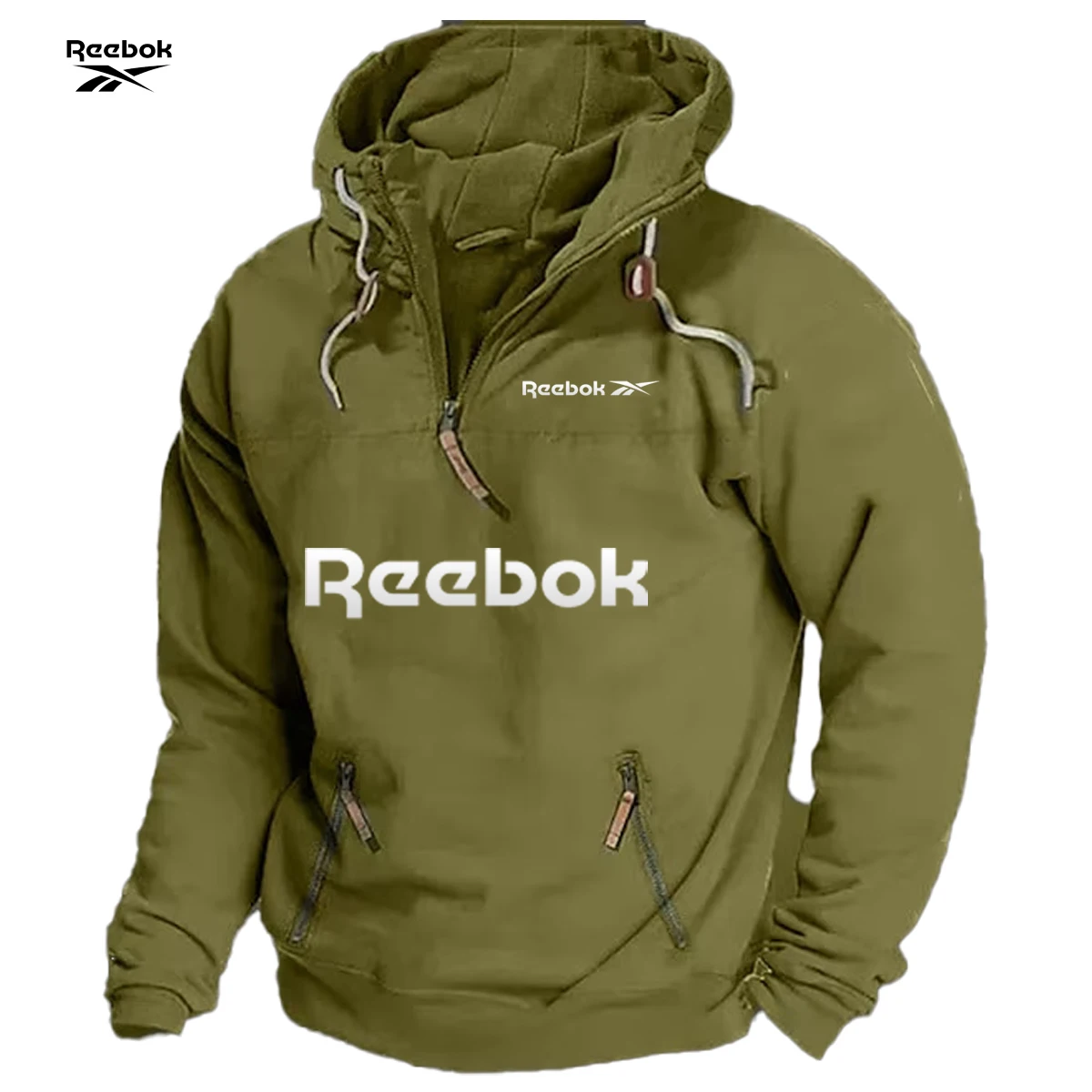 Reebok Men's Spring/Autumn Hooded Sweatshirt, Retro Sports Style, Loose Casual Top, Solid Color with Multiple Zippers Design