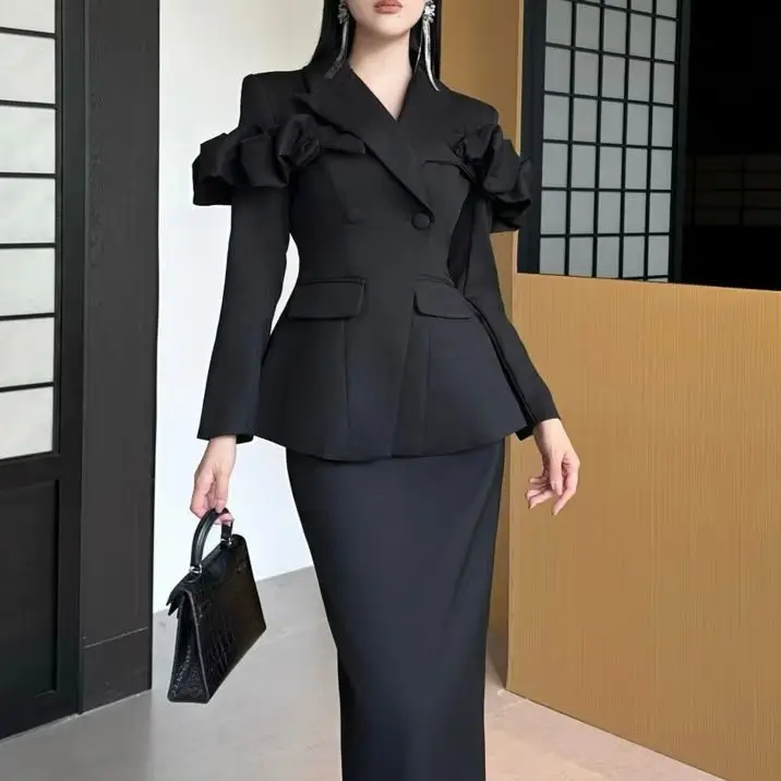 

KWTX Elegant Women's Suit Set With 3D Lace Blazer And Pencil Skirt,Premium Texture,Chic Office Lady,Fall Fashion,Simple Style