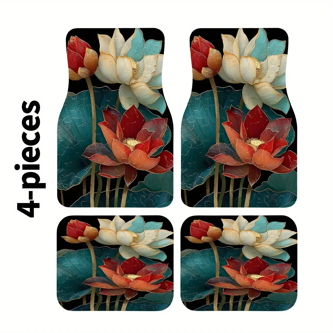 This Set Of Four Car Floor Mats Features A For Lotus Pattern Design In Three Different Colors With A Green Print. The Material I