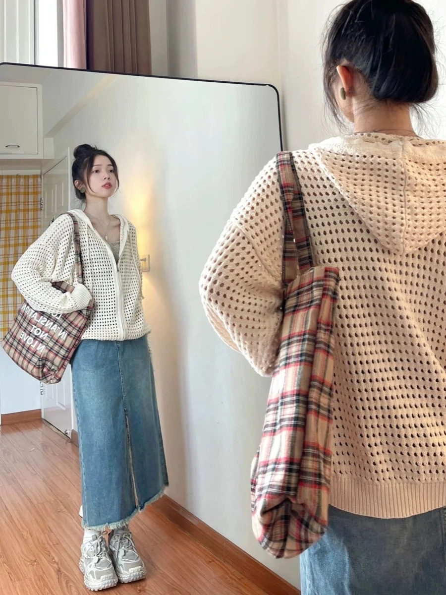 

Thin Long Sve Knitted Zipper Hoodie Open Cardigan Women's Summer Lazy Sle Outerwear Spring Autumn Hollow out Breathable ...