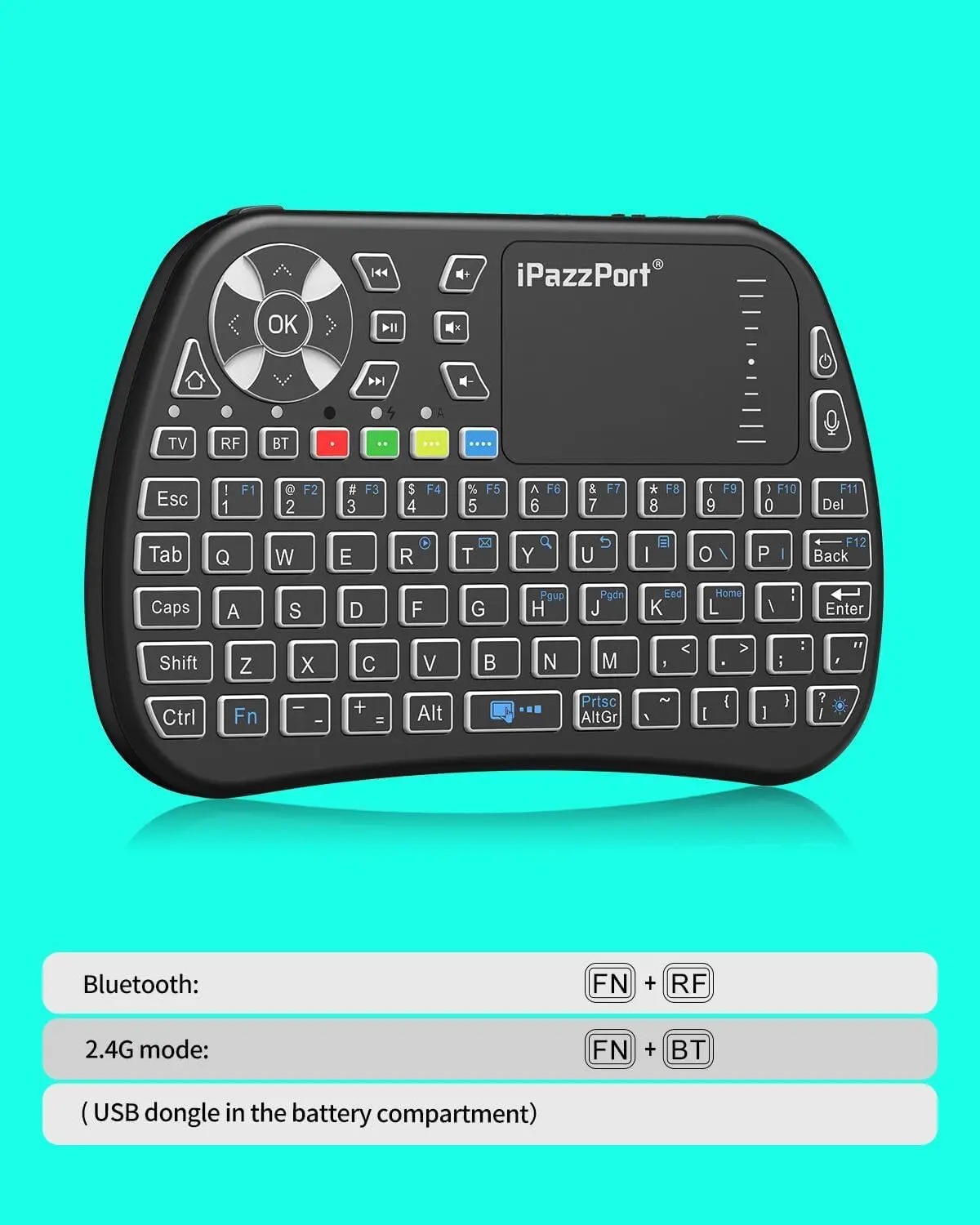 IPazzPort-Mini clavier Bluetooth avec TouchSub, mini clavier et souris sans fil 2.4G, rétroéclairage RVB pour PC, Smart TV, ordinateur portable, procureur C