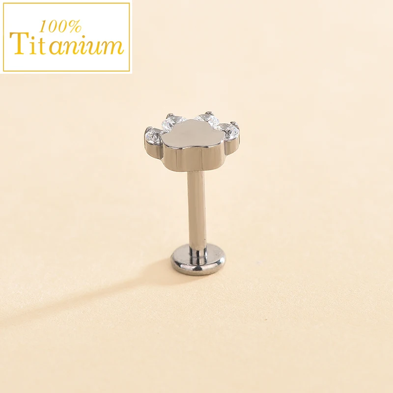G23 Titanium 16G Ear Studs Zircon Puppy Paw Print Internally Threaded Labret Tragus Cartilage Piercing Nail Earring Body Jewelry