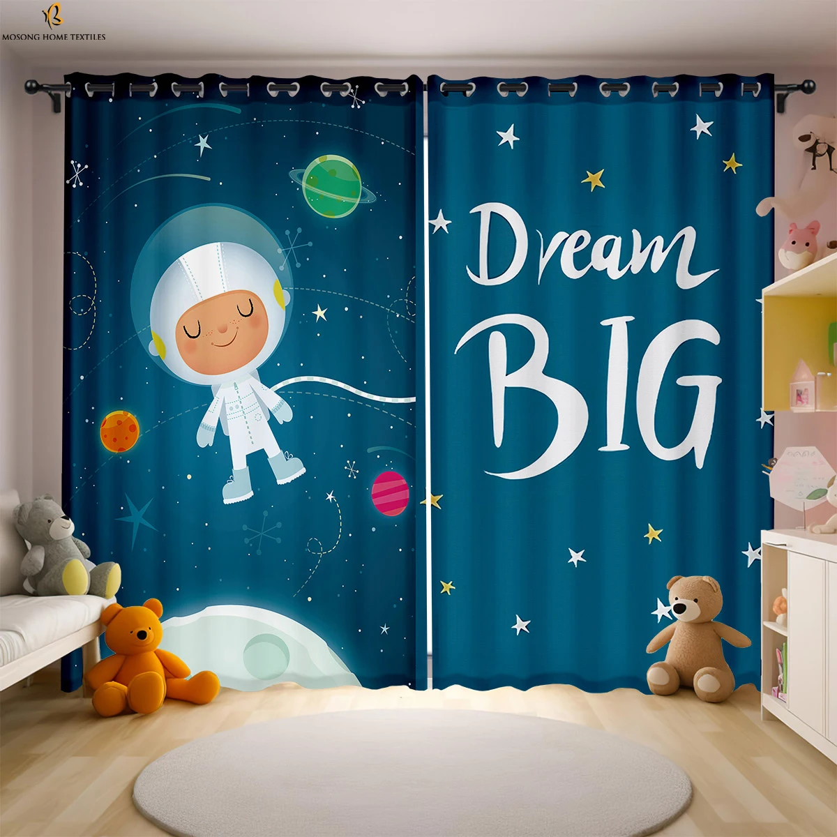 Cute Cartoon Space Astronaut Spaceship Printed Curtains Children's Favorite Room Window Decoration Curtains Can Be Customized